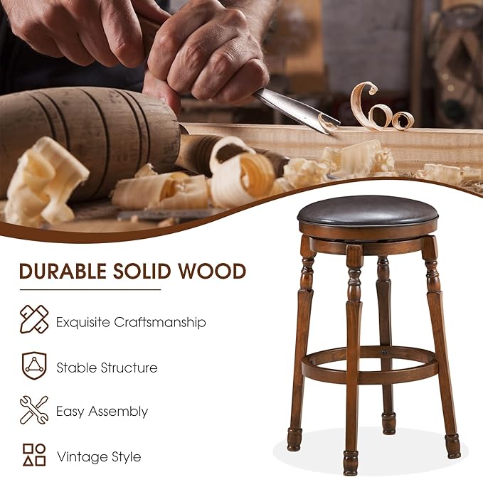 ERGOMASTER 29 Inch Swivel Bar Stools Set of 2, Rubber Wood, Brown