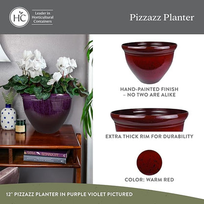 The HC Companies Pizzazz Decorative Round Flower Pots w/Ceramic Look - UV-Resistant Decorative Pot for Outdoor & Indoor Plant Pots - Modern Planter for Flower, Herbs (12” Warm Red, Pack of 1)