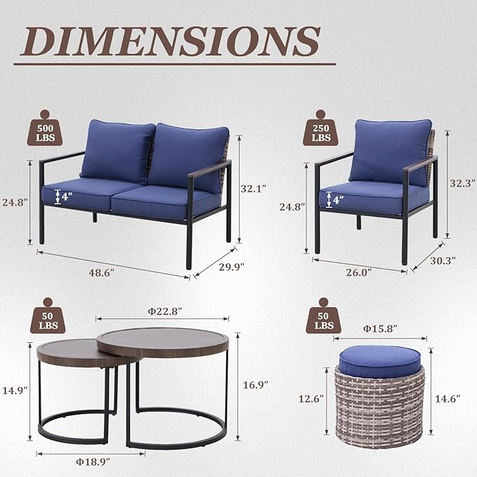 COOS BAY Sand Dune 5 Piece Wicker Patio Furniture Set, Rattan Outdoor Furniture with Nesting Tables, Chairs, Loveseat, Coffee Tables, and Ottoman, Brown/Blue