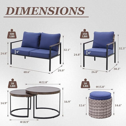 COOS BAY Sand Dune 5 Piece Wicker Patio Furniture Set, Rattan Outdoor Furniture with Nesting Tables, Chairs, Loveseat, Coffee Tables, and Ottoman, Brown/Blue