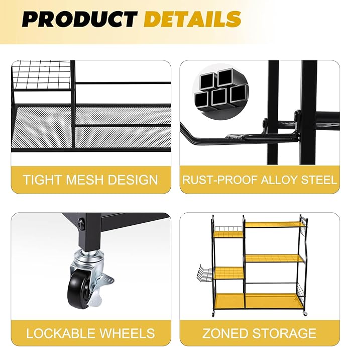 Garden Tool Organizer Rolling Cart Large Capacity Rust-Resistant Metal Tool Cart with Wheels Hooks Garage Shed Yard Outdoor Storage Rack Suitable for Long-Handled Tools/Rakes/Shovels