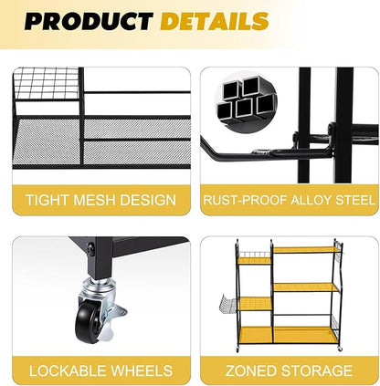 Garden Tool Organizer Rolling Cart Large Capacity Rust-Resistant Metal Tool Cart with Wheels Hooks Garage Shed Yard Outdoor Storage Rack Suitable for Long-Handled Tools/Rakes/Shovels