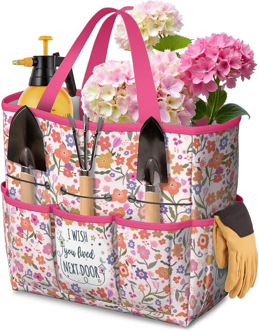 Boho Garden Tool Bag - Waterproof Floral Garden Tote with 8 Pockets, Large Storage Home Organizer Gardening Tool Oxford Bag for Garden Tools Kits Holder, Ideal Outdoor Gardening Gift for Women & Men