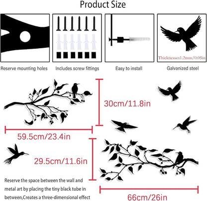 Harikikochuu 4PCS Metal Birds Wall Decor, Birds on the Branch Metal Silhouette Art, Black Leaves with Bird Outdoor Hanging Wall Sculpture for Home Office Balcony Garden Decor.（Hummingbirds）