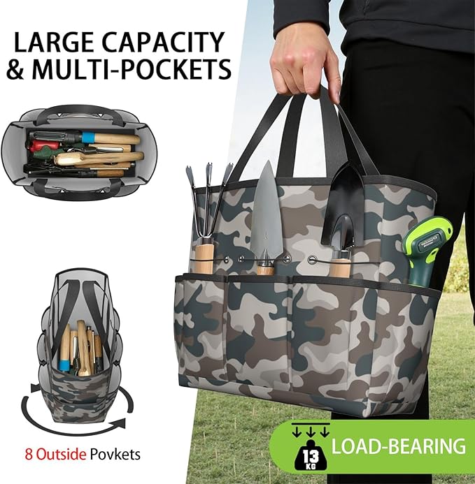 Green Camo Garden Tool Bag - Waterproof Garden Tote with 8 Pockets, Large Storage Home Organizer Gardening Tool Oxford Bag for Garden Tools Kits Holder, Ideal Outdoor Gardening Gift for Women & Men