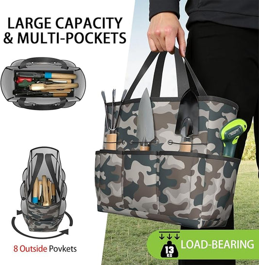 Green Camo Garden Tool Bag - Waterproof Garden Tote with 8 Pockets, Large Storage Home Organizer Gardening Tool Oxford Bag for Garden Tools Kits Holder, Ideal Outdoor Gardening Gift for Women & Men