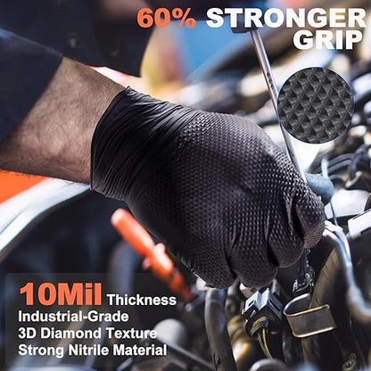 10mil Heavy Duty Nitrile Gloves Large Black Disposable Rubber Gloves with Diamond Grip Anti Chemical Puncture Resistant Mechanics Guantes for Men/Auto repair/Cooking/Food Grade-Latex Free-100