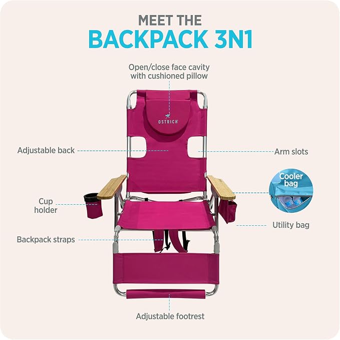 Ostrich the Woody Backpack 3N1 Portable Chair with Cooler Bag and Reclining Lounger for Tanning, Camping, Beach, and Outdoor Essential, Pink