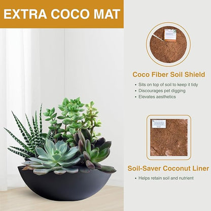 6.9"H x 19.7"D Round Bowl Fiberstone Planter for Succulent and Lotus with Drainage Hole, Smooth Finishes, Weather Resistant for Indoor, Included 2 Extra Coco Mats (Black, 17.9" Pot Opening)