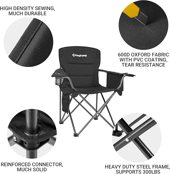 KingCamp Padded Folding Lounge Chairs with Built in Cupholder, Insulated Cooler Sleeve, and Side Storage Pocket for Indoor and Outdoors, 2 Pack, Black