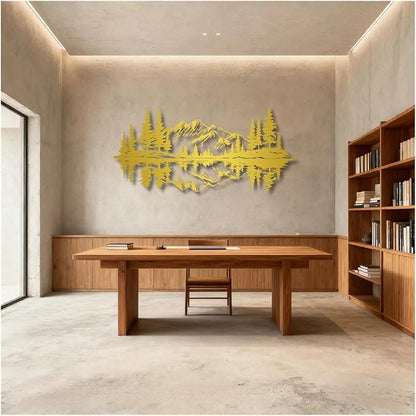 Mountain View Metal Wall Art,Nature Landscape Home Decor with Reflection,Black Iron Sculpture for Bedroom Garden Living Room Outdoor Office(Gold,41 x19 in/105x49 cm)