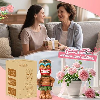 Solar Tiki Garden Statues Tiki Statue Holding Torches with Flickering Flame LED Lights for Tiki Bar Porch Lawn Yard Outdoor Decorations Christmas Birthday Gardening Gift for Mom Women