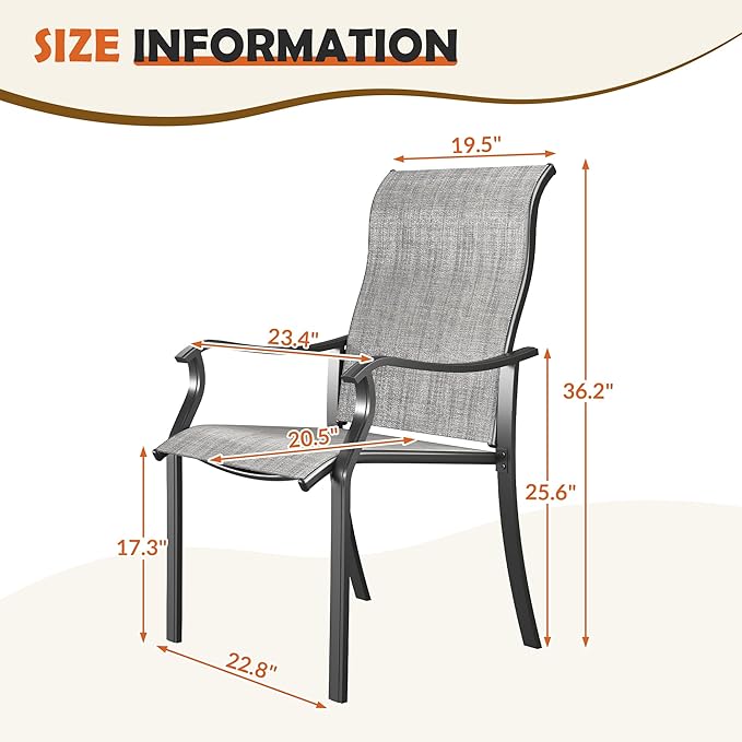 UDPATIO Patio Dining Chairs Set of 2, High Back Wide Seat Outdoor Furniture Chairs with All Weather Breathable Textilene, for Lawn Garden Backyard Deck, Grey White