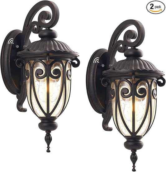 23 Inch Large Dusk to Dawn Outdoor Porch Lights for Garage, 2 Pack Bronze Wall Lantern with Photocell Sensor, Exterior Wall Light Fixture with Seeded Glass for House, Aluminium