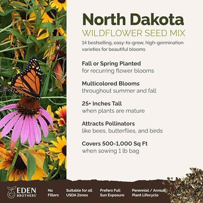 Eden Brothers North Dakota Wildflower Mixed Seeds for Planting, 1 lb, 480,000+ Seeds with Calendula, Sunflower | Attracts Pollinators, Plant in Spring or Fall, Zones
