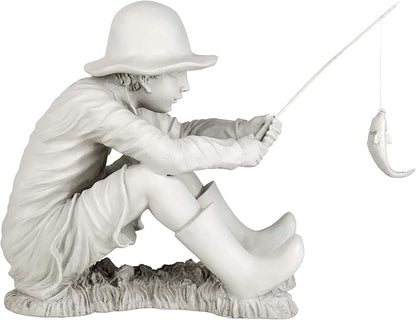 Design Toscano Gone Fishing Fisherman Boy Garden Statue, 17 Inch Tall, Cast Stone Resin, Two Tone Stone Finish