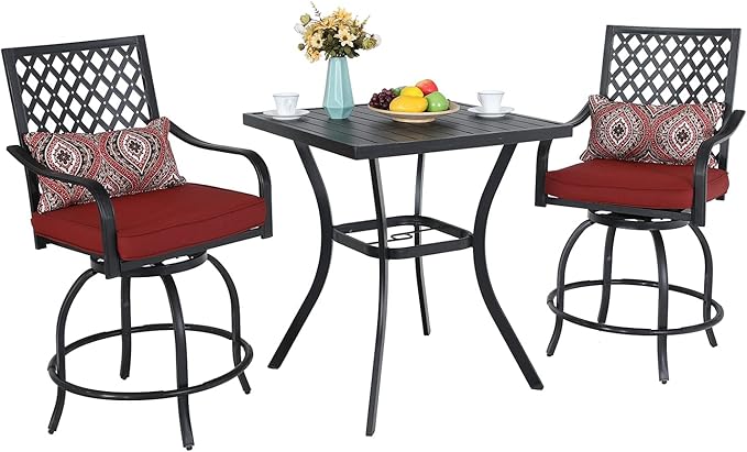 MFSTUDIO 3 PCS Outdoor Patio Bar Sets, 2 Swivel Bar Height Chairs and 1 Metal Bar Table,2 Pack Seat Cushions, Adjust Screw Feet, Black