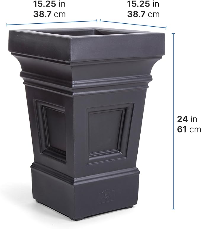 Step2 Atherton Square Planter, Large Planters for Outdoor Plants, Gardening and Flower Pot for Patio or Porch, Efficient Drainage, Durable Plastic, Onyx Black, 2-Pack