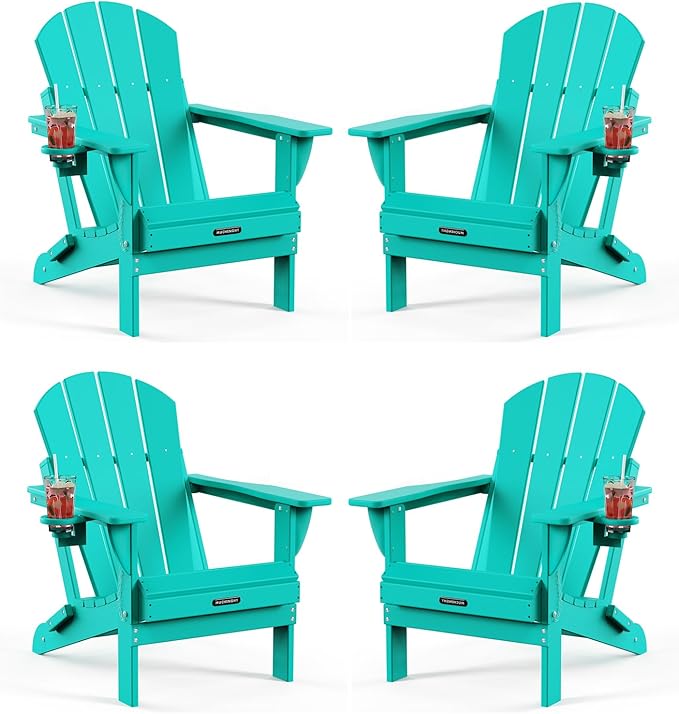 MUCHENGHY Folding Adirondack Chairs 4 Pack, Patio Chairs, Outdoor Chairs, Adirondack Chair Plastic, Fire Pit Chairs, Weather Resistant with Cup Holder for Deck, Backyard, Garden(Lake Blue)