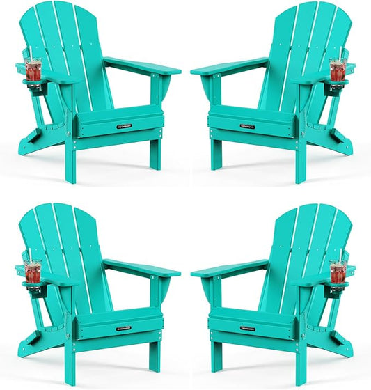 MUCHENGHY Folding Adirondack Chairs 4 Pack, Patio Chairs, Outdoor Chairs, Adirondack Chair Plastic, Fire Pit Chairs, Weather Resistant with Cup Holder for Deck, Backyard, Garden(Lake Blue)