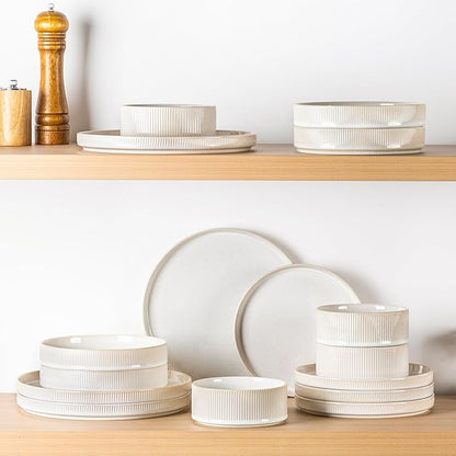 TheTerra Ceramic Dinnerware Sets for 4, 16 Pieces Porcelain Lightweight Plates and Bowls Sets, Scratch Resistant Dish Set, Oven & Microwave & Dishwasher Safe,Reactive White