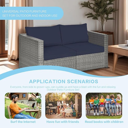 3-Piece Outdoor Patio Sectional Set, Durable Rattan Couch, Waterproof Sofa for Your Villa, Balcony, Porch, Backyard, Deck, Navy Blue