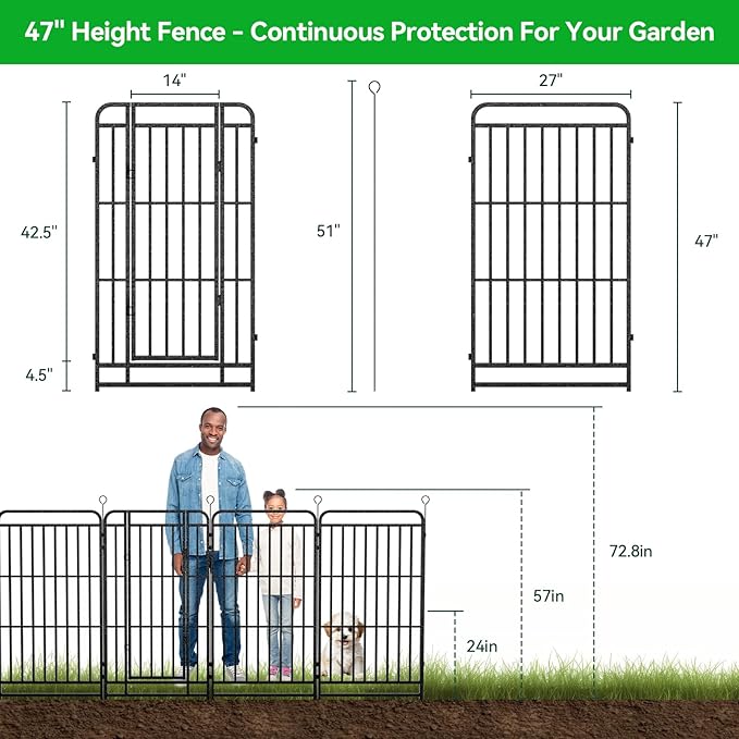 12 Panels No Dig Garden Fence 32 ft(L) X 47 in(H) Animal Barrier for Yard, Patio, Garden Borders, Outdoor Decorative Fencing with Thick Pipe Metal Panels