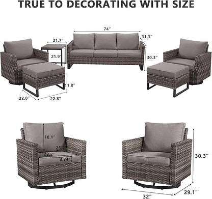 HUMMUH 6 Piece Patio Furniture Set Outdoor Sectional Sofa,PE Wicker Patio Swivel Rocker Chairs with Ottomans Side Table for Porch,Garden,Backyard