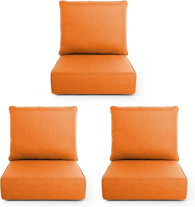 Outdoor Chair Cushions, 6 Inch Thick Patio Seat & Back Cushions Set with Removable Cover, Waterproof Patio Cushions for Outdoor Furniture, 22 x 24 Inch, Orange 3-Set