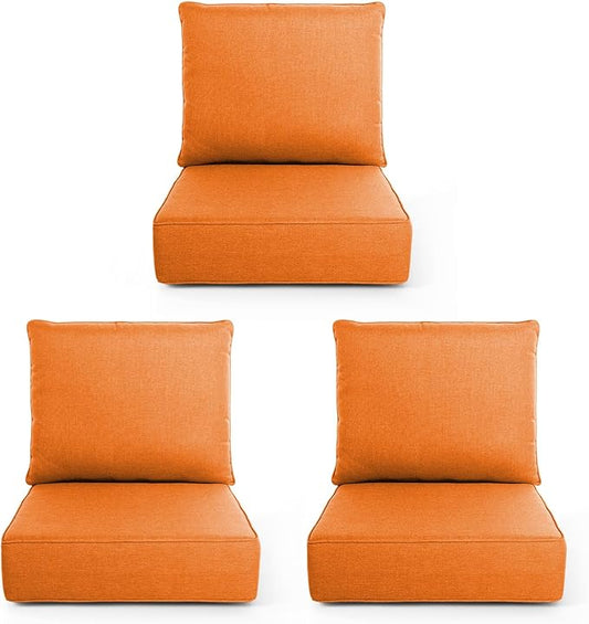 Outdoor Chair Cushions, 6 Inch Thick Patio Seat & Back Cushions Set with Removable Cover, Waterproof Patio Cushions for Outdoor Furniture, 24 x 24 Inch, Orange 3-Set