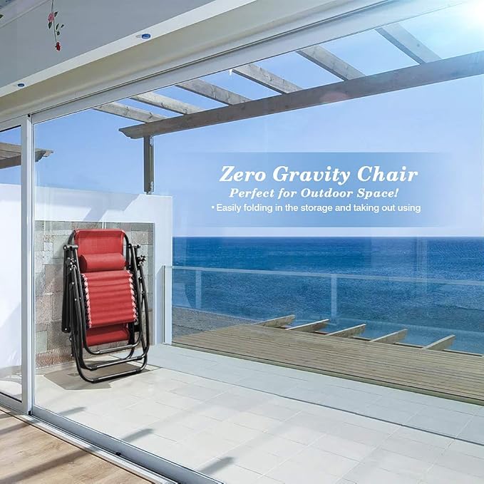 Homall Zero Gravity Patio Folding Lawn Reclining Lounge Chairs Outdoor Gravity Camp Chairs with Cup Holder Pillows for Poolside Backyard and Beach Set of 2 (Red)