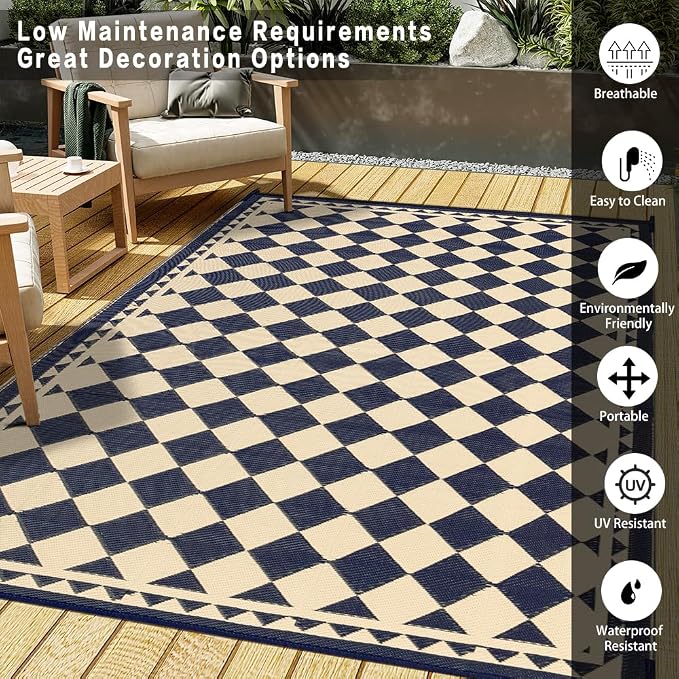 HUGEAR Outdoor Rug for Patios Clearance,Waterproof Mat,Large Outside Carpet,Reversible Plastic Straw Camping Rugs,Rv,Porch,Deck,Camper,Balcony,Backyard (6x9,Checkered/Black&Beige)