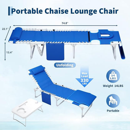 5-Position Adjustable Folding Beach Chaise Lounge Chair with Face Hole & Detachable Side Table, Portable Reclining Sun Tanning Lounger, Pool Chair with Storage Pocket & Shoulder Carry Strap, Max 330L