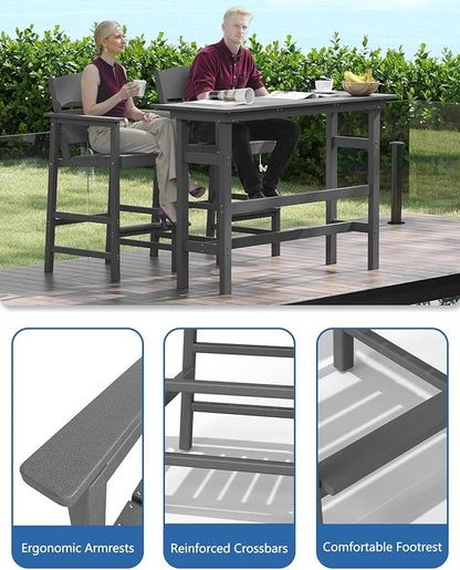 FOOWIN 3 Piece Outdoor Bar Height Table and Chairs, All Weather HDPE Patio Bar Set Outdoor Bistro Set,Adirondack Bar Chairs Set of 2 Outdoor Furniture for Bistro, Poolside, Backyard Grey