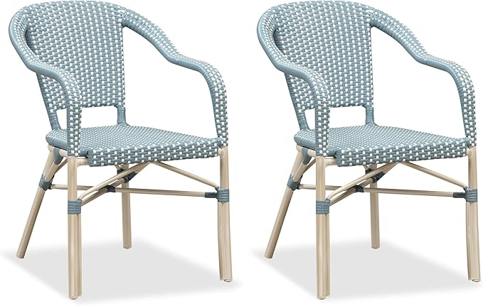PURPLE LEAF Dining Chair Set of 2 Outdoor French Bistro Chairs Hand-Woven Aluminum Wicker Rattan Armchair for Garden Kitchen Backyard Porch White Print Finish Patio Chairs Light Blue