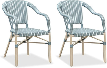 PURPLE LEAF Dining Chair Set of 2 Outdoor French Bistro Chairs Hand-Woven Aluminum Wicker Rattan Armchair for Garden Kitchen Backyard Porch White Print Finish Patio Chairs Light Blue