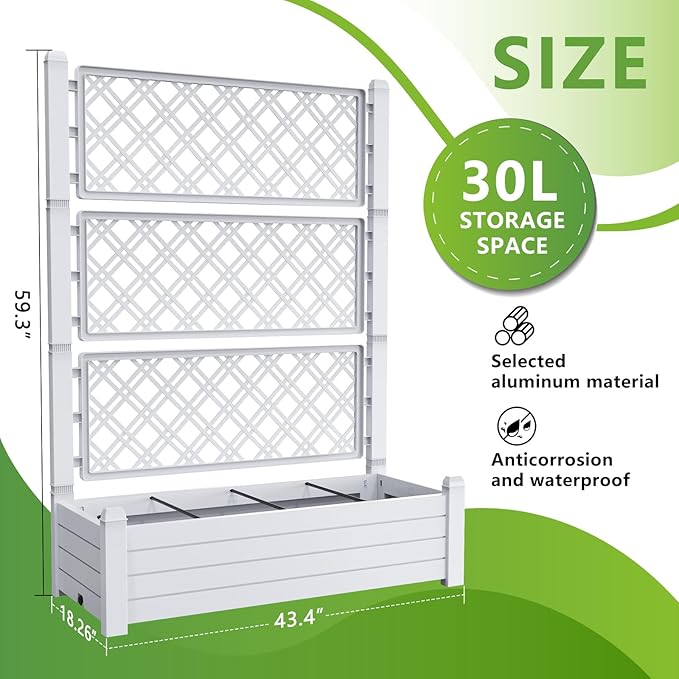 Vixzen 59" Tall Raised Garden Bed,Outdoor Large Resin Planter Box with Trellis and Drain Plug for Climbing Plants,Easy to Assemble,Water Monitor (Ashen, 43.43"×18.27"×59.29")