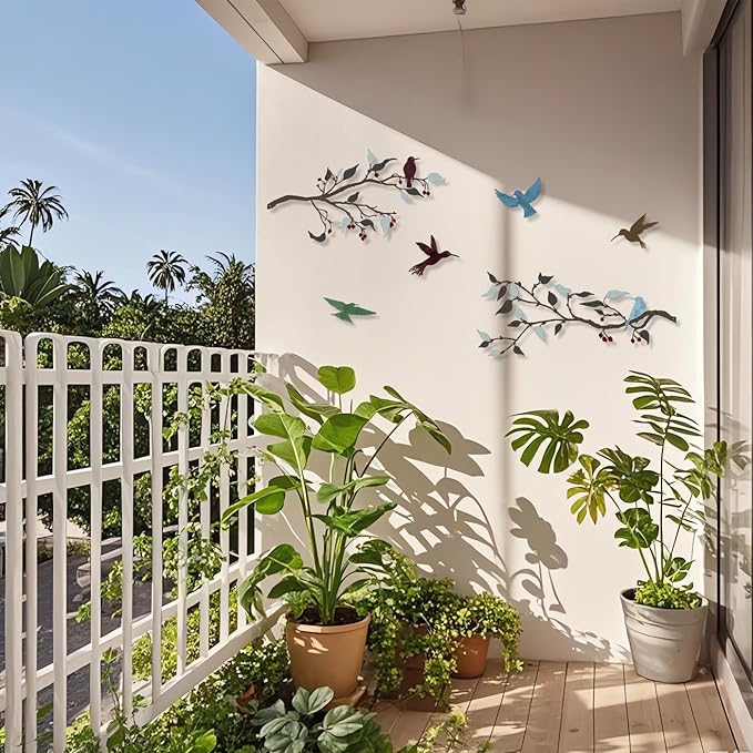 Harikikochuu 4PCS Metal Birds Wall Decor, Birds on the Branch Silhouette Art, Metal Leaves with Bird Outdoor Hanging Wall Sculpture for Home Office Balcony Garden Decor.（Colorful,Hummingbirds）