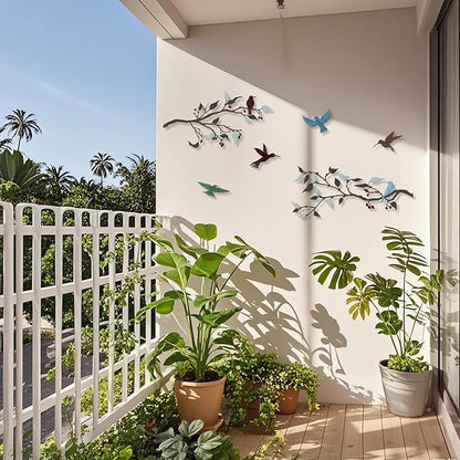 Harikikochuu 4PCS Metal Birds Wall Decor, Birds on the Branch Silhouette Art, Metal Leaves with Bird Outdoor Hanging Wall Sculpture for Home Office Balcony Garden Decor.（Colorful,Hummingbirds）