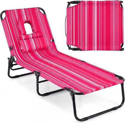 GYMAX Tanning Chair, Folding Lounge Chairs with Face Hole & Cover, Removable Pillow Carry Handle, Portable Compact Outdoor Layout Recliner for Beach, Poolside, Lawn, Patio, Camping (Pink Stripe,1)