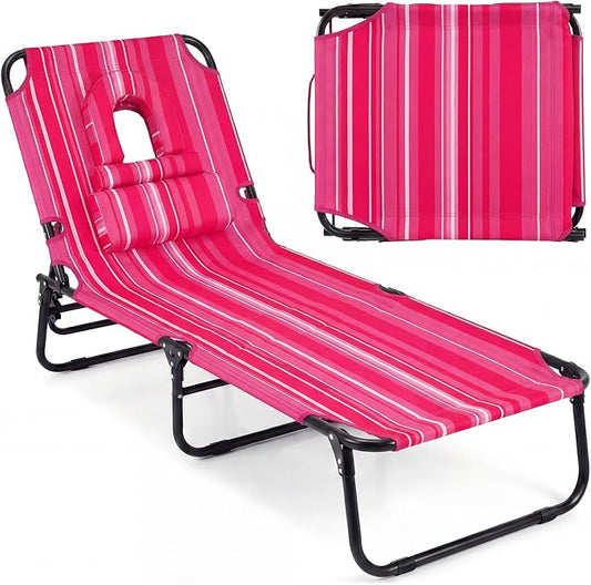 GYMAX Tanning Chair, Folding Lounge Chairs with Face Hole & Cover, Removable Pillow Carry Handle, Portable Compact Outdoor Layout Recliner for Beach, Poolside, Lawn, Patio, Camping (Pink Stripe,1)