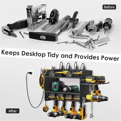 CCCEI Modular Power Tool Organizer Wall Mount Charging Station, Black 6 Drills Holder with 8 Plug Power Strip, Garage Drill Battery Heavy Duty Metal Shelf, Utility Rack with Hooks, Side Storage.