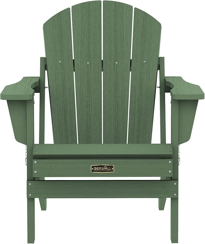 SERWALL Folding Adirondack Chair for Patio Garden, All-Weather Outdoors Chairs, Wooden Textured Fire Pit Chairs for Poolside, Backyard, Lawn - Army