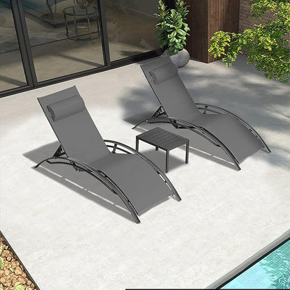 PURPLE LEAF Patio Chaise Lounge Set of 3 Outdoor Lounge Chair Beach Pool Sunbathing Lawn Lounger Recliner Chiar Outside Tanning Chairs with Arm for All Weather, Side Table Included, Grey