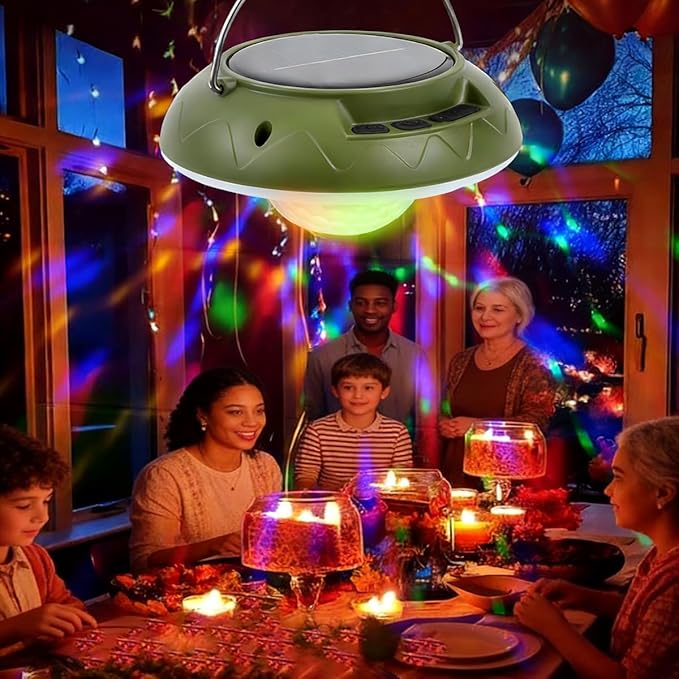 1 Pack Solar Camping Lantern with DJ Disco Ball, RGB Color Changing LED Tent Light, Music Sync Strobe Party Lights, USB Rechargeable Portable Hanging Lamp, Waterproof for Outdoor Christmas Decor Gifts
