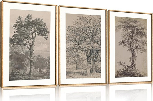 KAIRNE Vintage Tree Sketch Framed Canvas Wall Art Set, Antique Tree Drawings Wall Decor, Retro Forest Art Prints, Modern Nature Landscape Artwork for Living Room, Bedroom, Farmhouse, Office-16 x24 x3