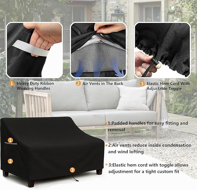 Outdoor Sofa Cover, Waterproof Patio Furniture Cover 58.3W x 32.7D x 31H inches Heavy Duty 600D Oxford Fabric Black