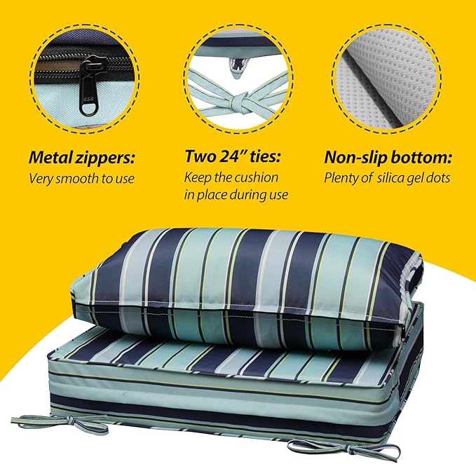 AAAAAcessories Outdoor Seat Cushions for Chairs, Fade-Resistant, Waterproof Patio Furniture Replacement Cushions, 23" x 23" x 5" + 23" x 13.5", Ash Teal Seaside Stripe