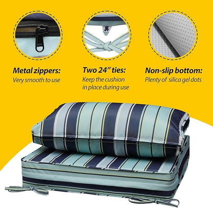 AAAAAcessories Outdoor Seat Cushions for Chairs, Fade-Resistant, Waterproof Patio Furniture Replacement Cushions, 23" x 23" x 5" + 23" x 13.5", Ash Teal Seaside Stripe
