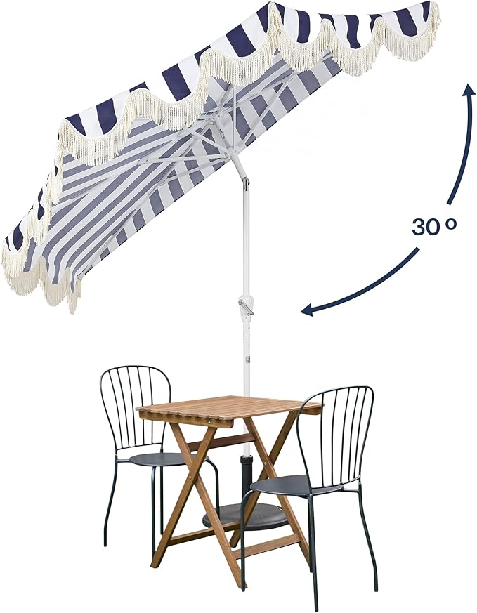 JONATHAN Y Half Umbrella UMB1201I Beverly 9 ft. Designer Classic Scalloped Fringe Market Patio with Crank, Tilt Button and UV Protection in Navy/White, White Pole